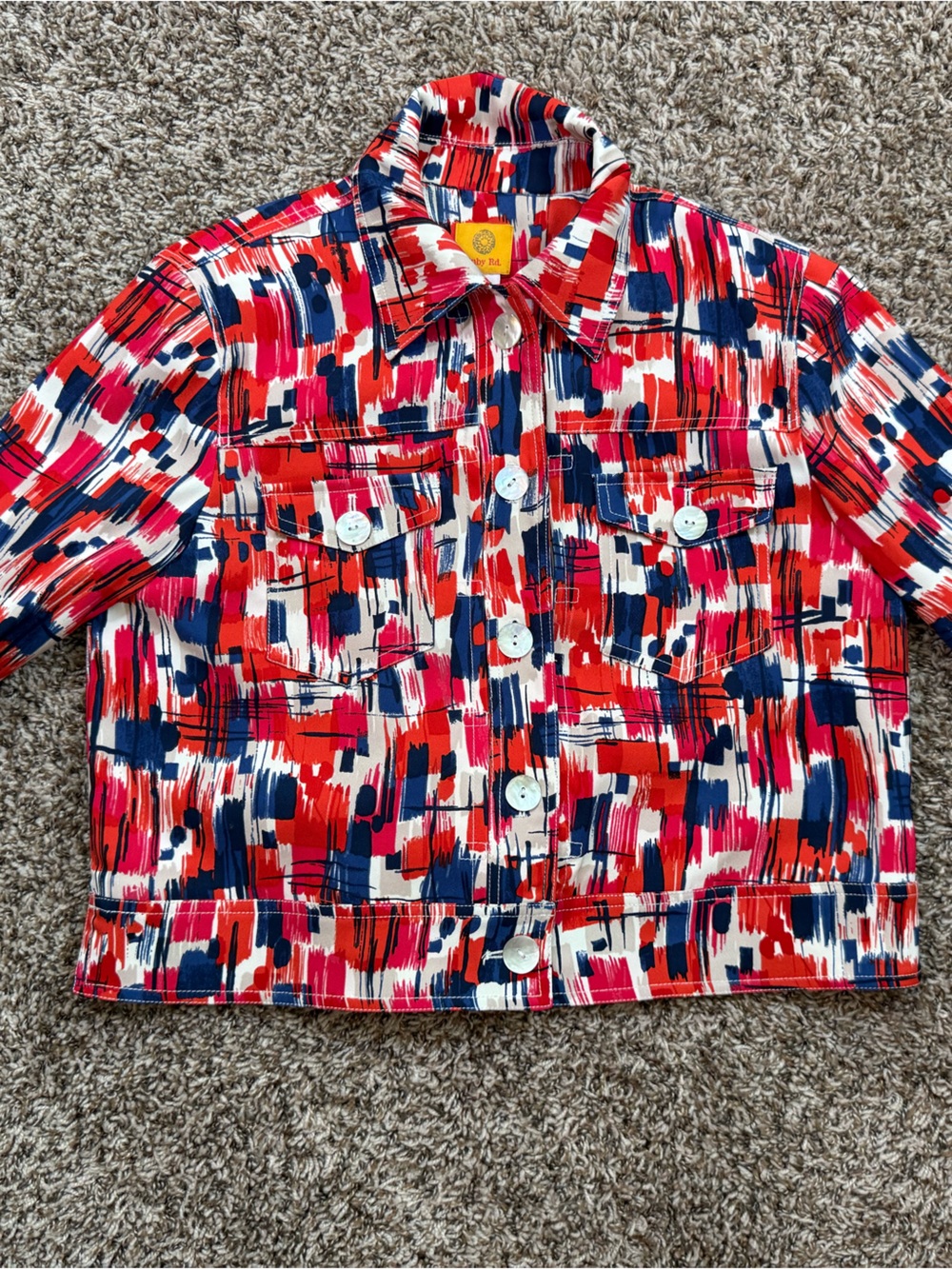 Ruby Rd. Red Navy White Brushstroke Button-Front Jacket